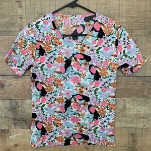 Vintage 1960s 1970s Mod Floral Toucan Size Small Stretchy Knit Shirt Top